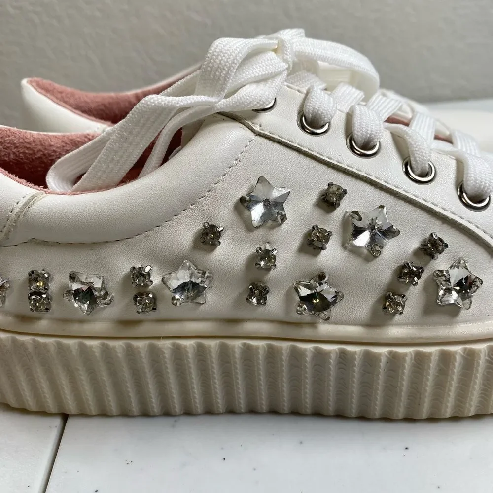 NIB Lauren Lorraine Girls White “Pam” White Rhinestone Lace Up Sneakers Size 5.5